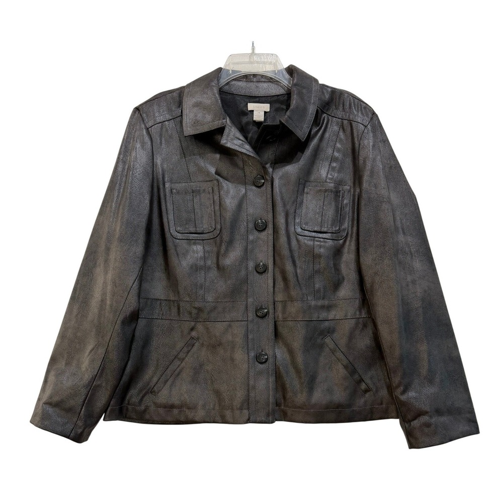 Chico's Metallic Grey Faux Leather Button Front Jacket Size 3 / US Size XL
